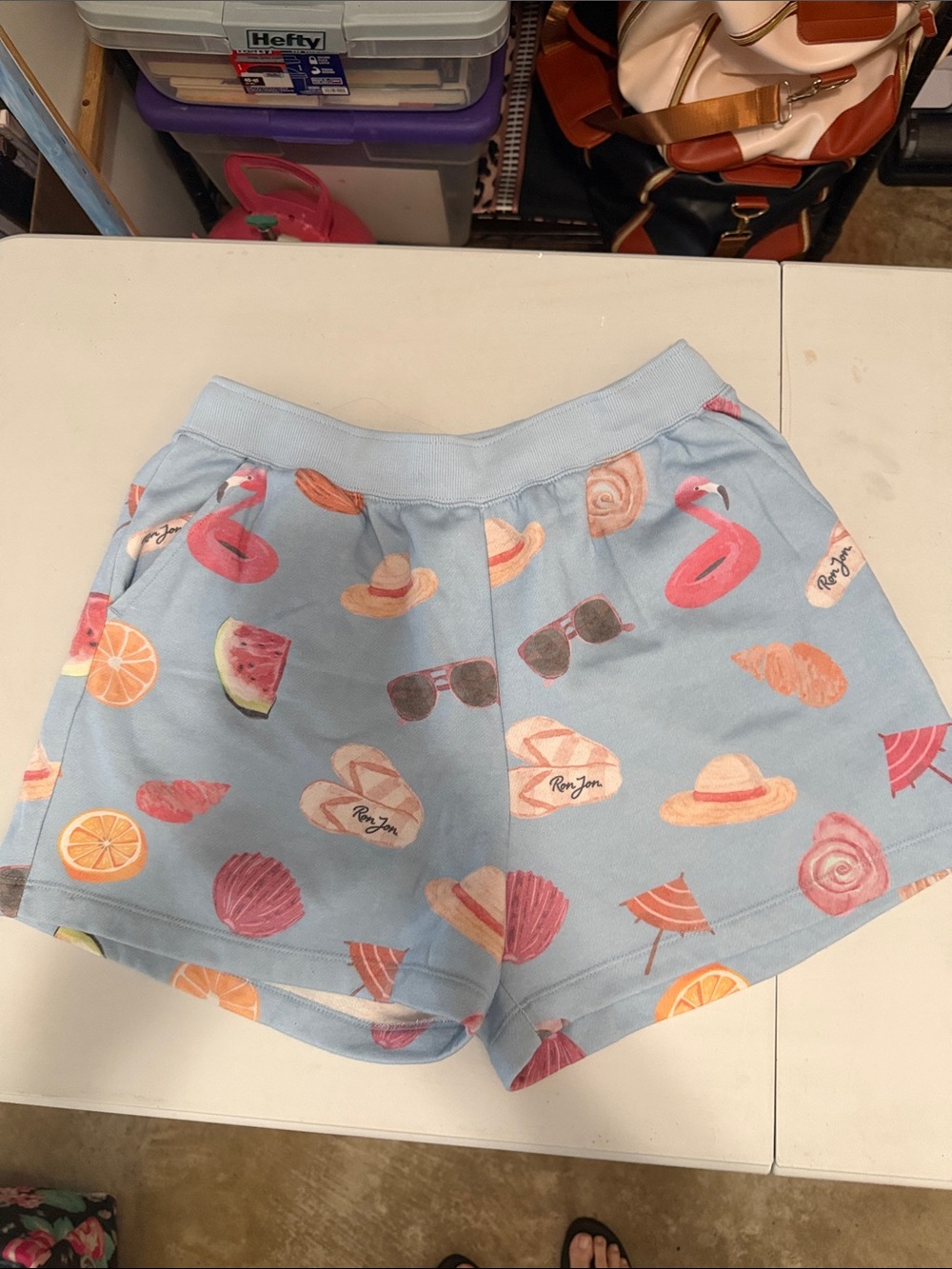 Ron Jon Light Blue Lounge Shorts with Pink & Peach Summer Print